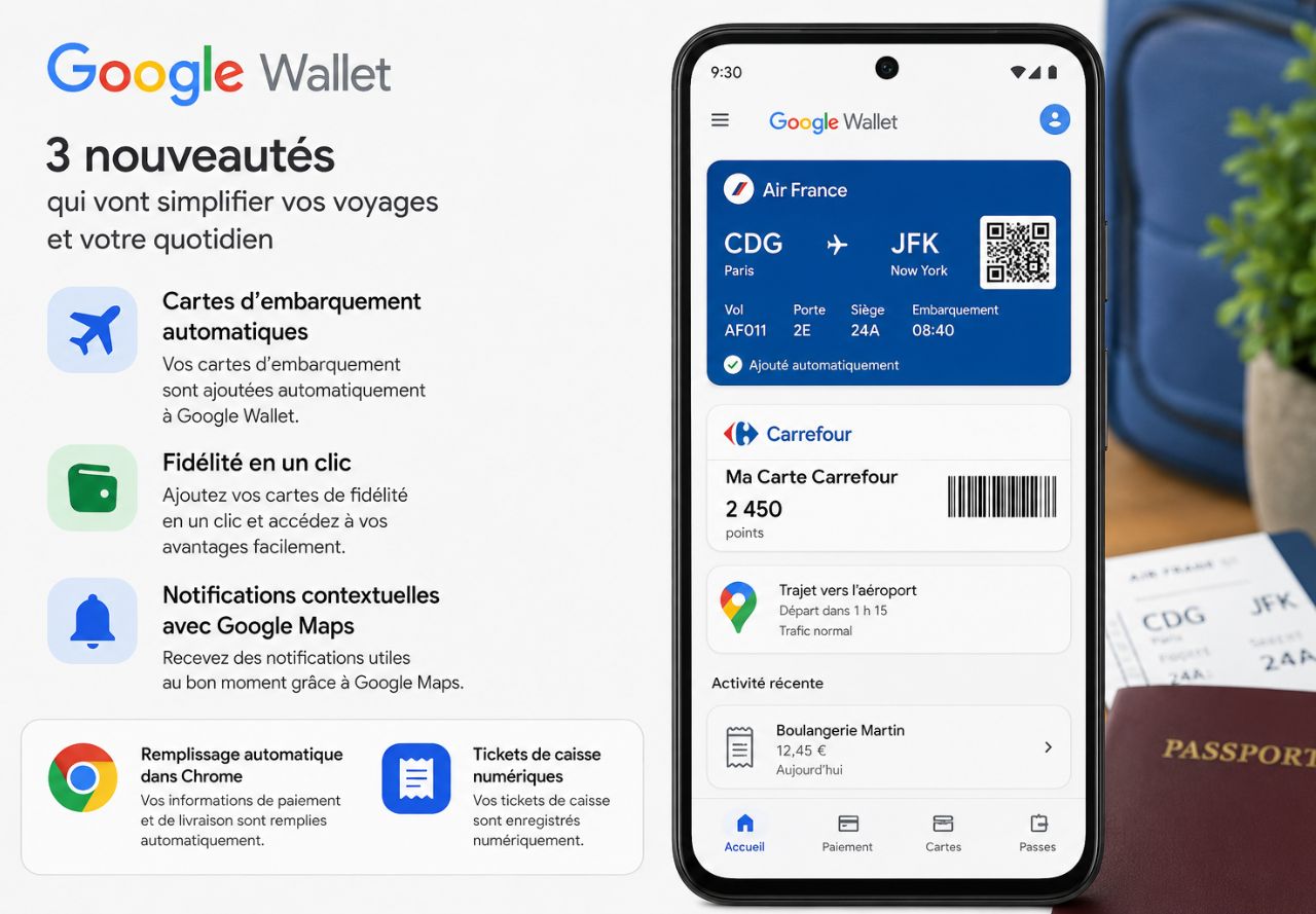 Google Wallet nouveautés voyages cartes d'embarquement fidélité et notifications