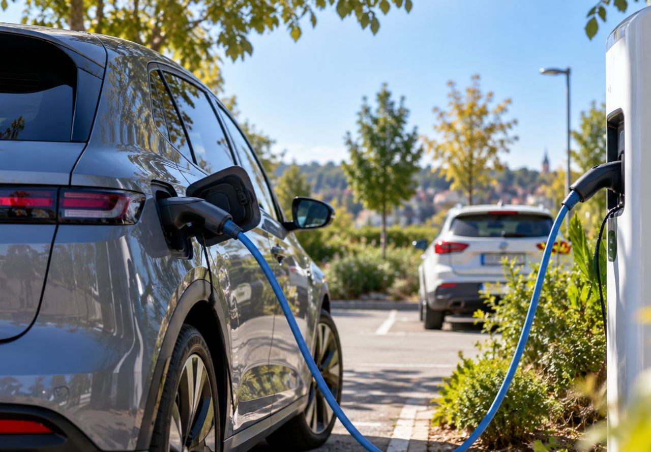 Voiture électrique compacte en recharge devant un local d’entreprise