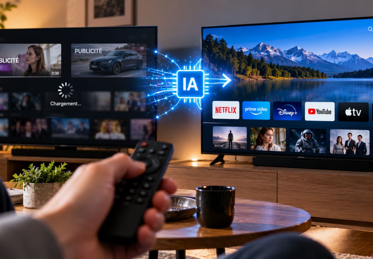 Téléviseur connecté affichant un écran d’accueil épuré dans un salon