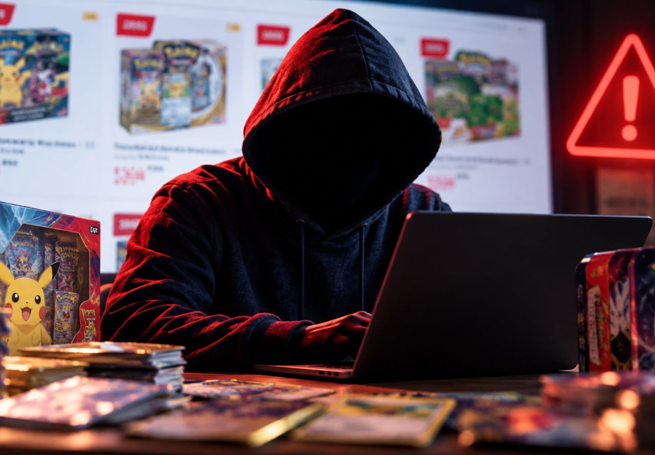 Fiche produit floutée d’une fausse boutique de cartes à collectionner