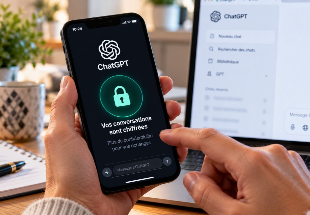 Smartphone affichant une interface de conversation avec une icône de cadenas