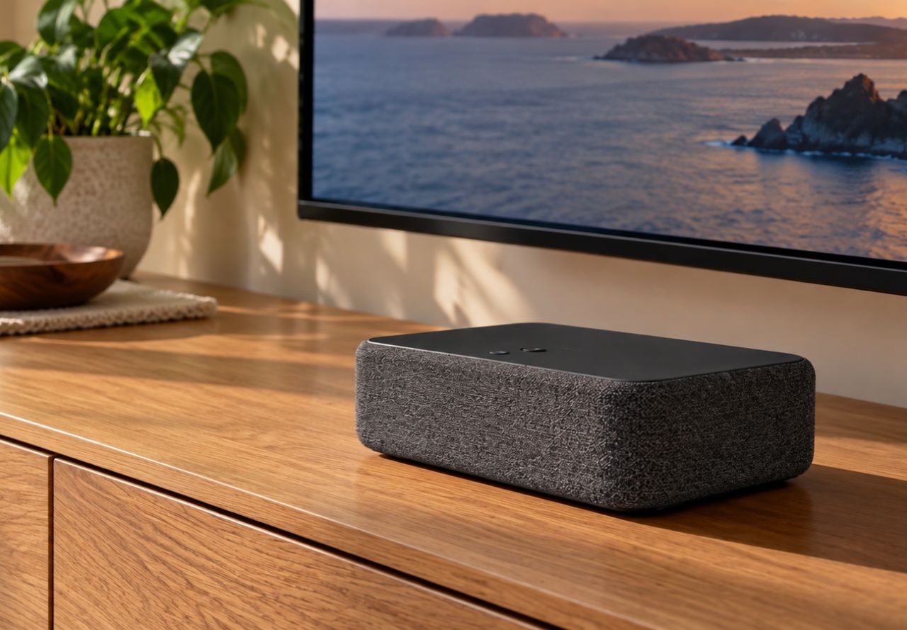 Décodeur Home Cinema Orange posé devant un téléviseur