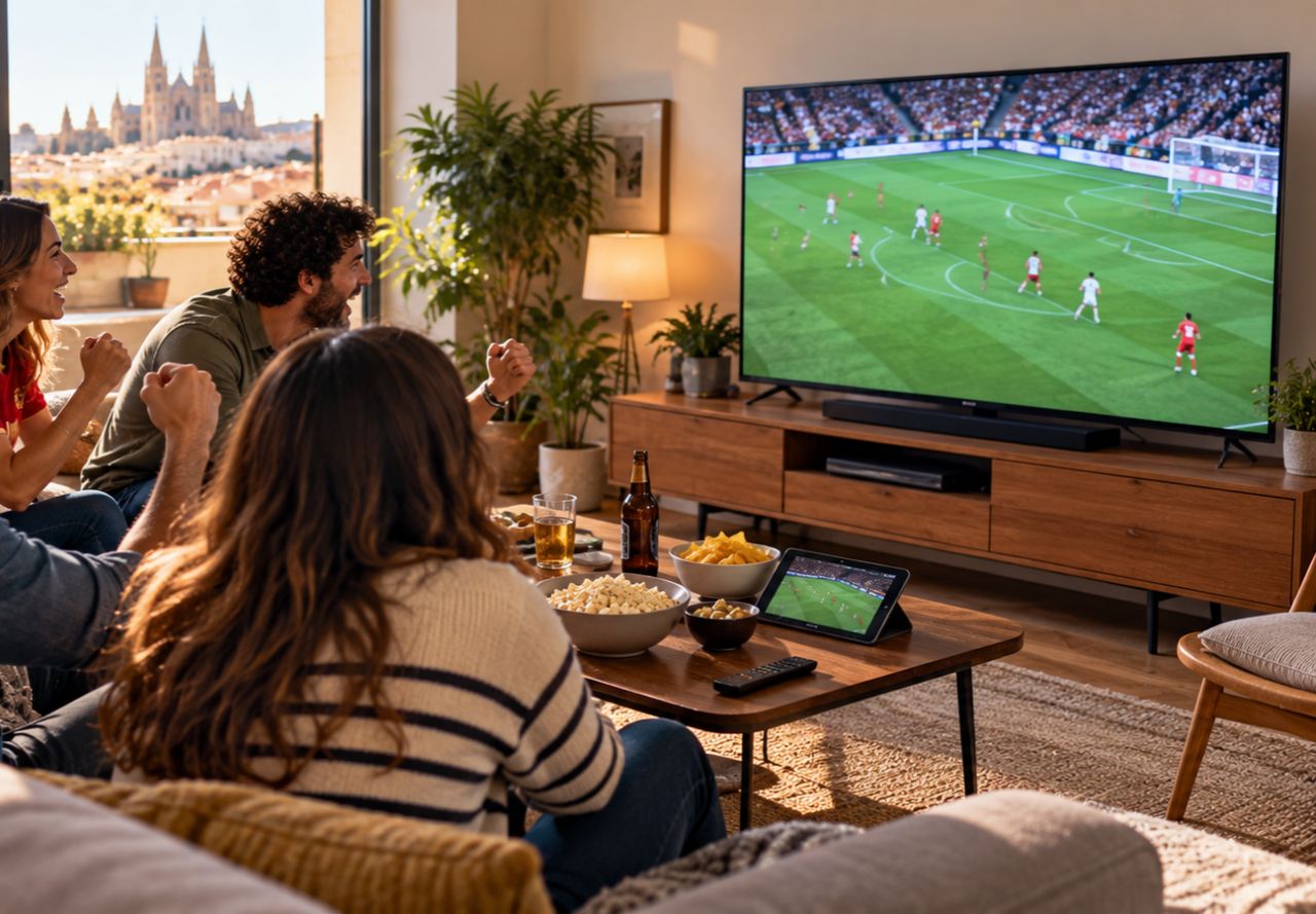 Ballon de football posé devant un écran de télévision, ambiance sobre