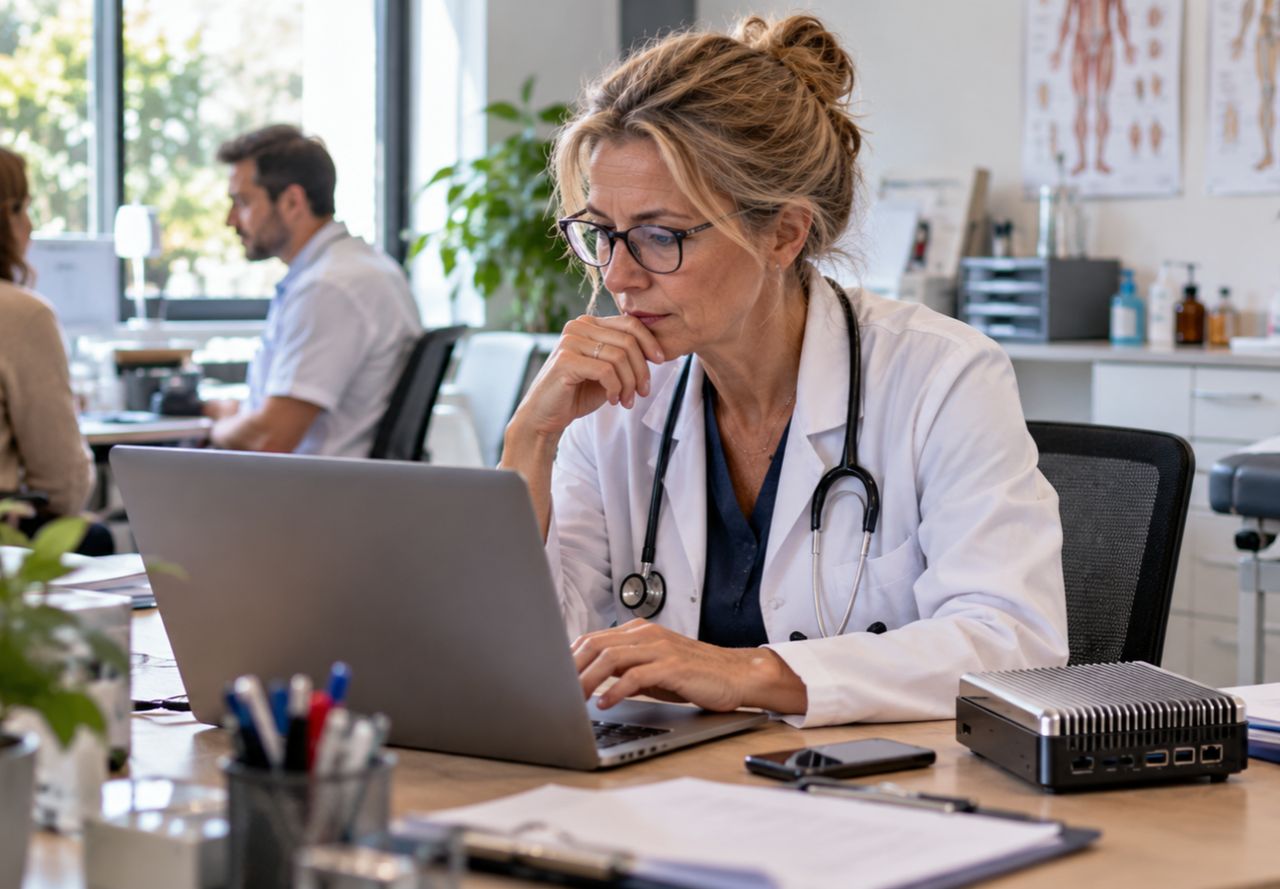 Bureau de cabinet médical avec un écran d’ordinateur, sans donnée visible