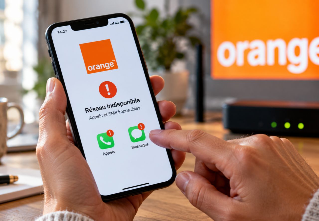 Smartphone affichant l’absence de réseau mobile, illustration de la panne Orange