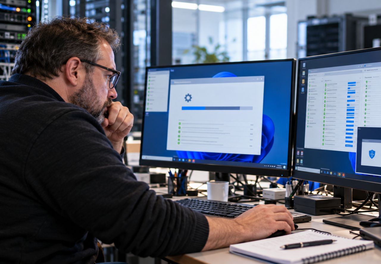 Écran d’ordinateur affichant des mises à jour Windows en cours d’installation