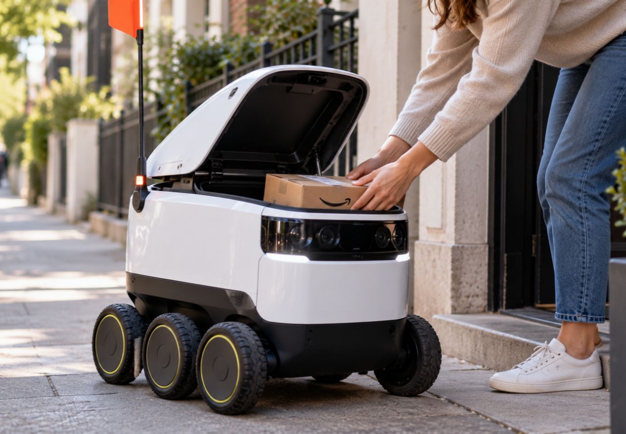 Petit robot de livraison autonome circulant sur un trottoir en ville