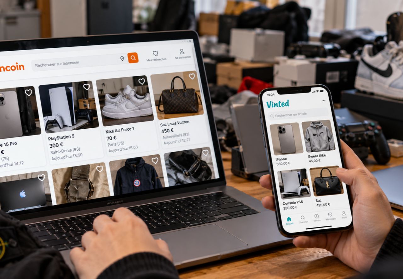 Écran de smartphone affichant une application de petites annonces, sans annonce lisible