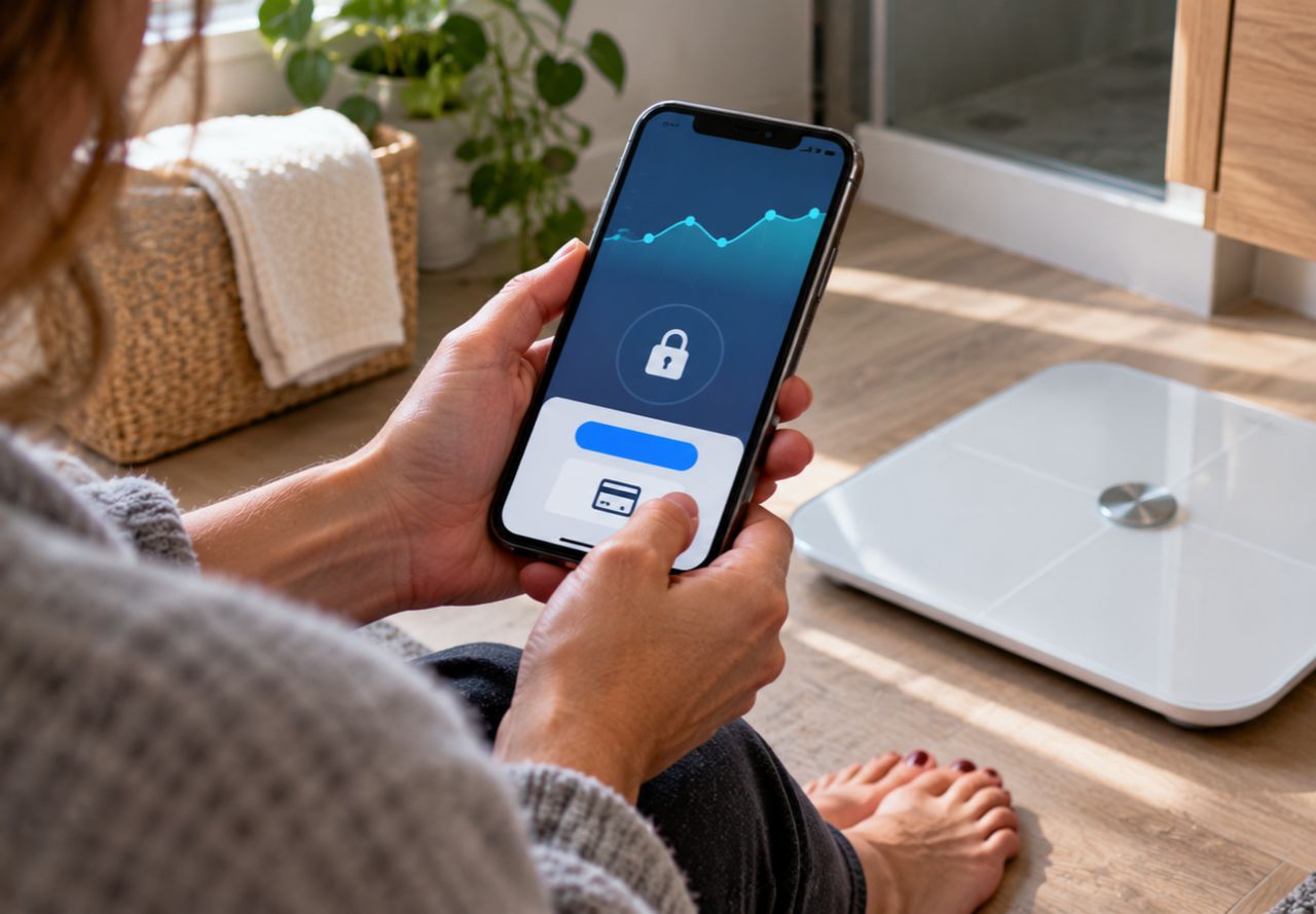 Balance connectée et montre posées sur un bureau, aucune donnée lisible